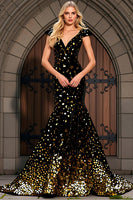 Load image into Gallery viewer, Sparkly Mermaid Black Golden V Neck Prom Dress