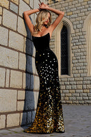 Load image into Gallery viewer, Black Golden Strapless Sequin Long Prom Dress