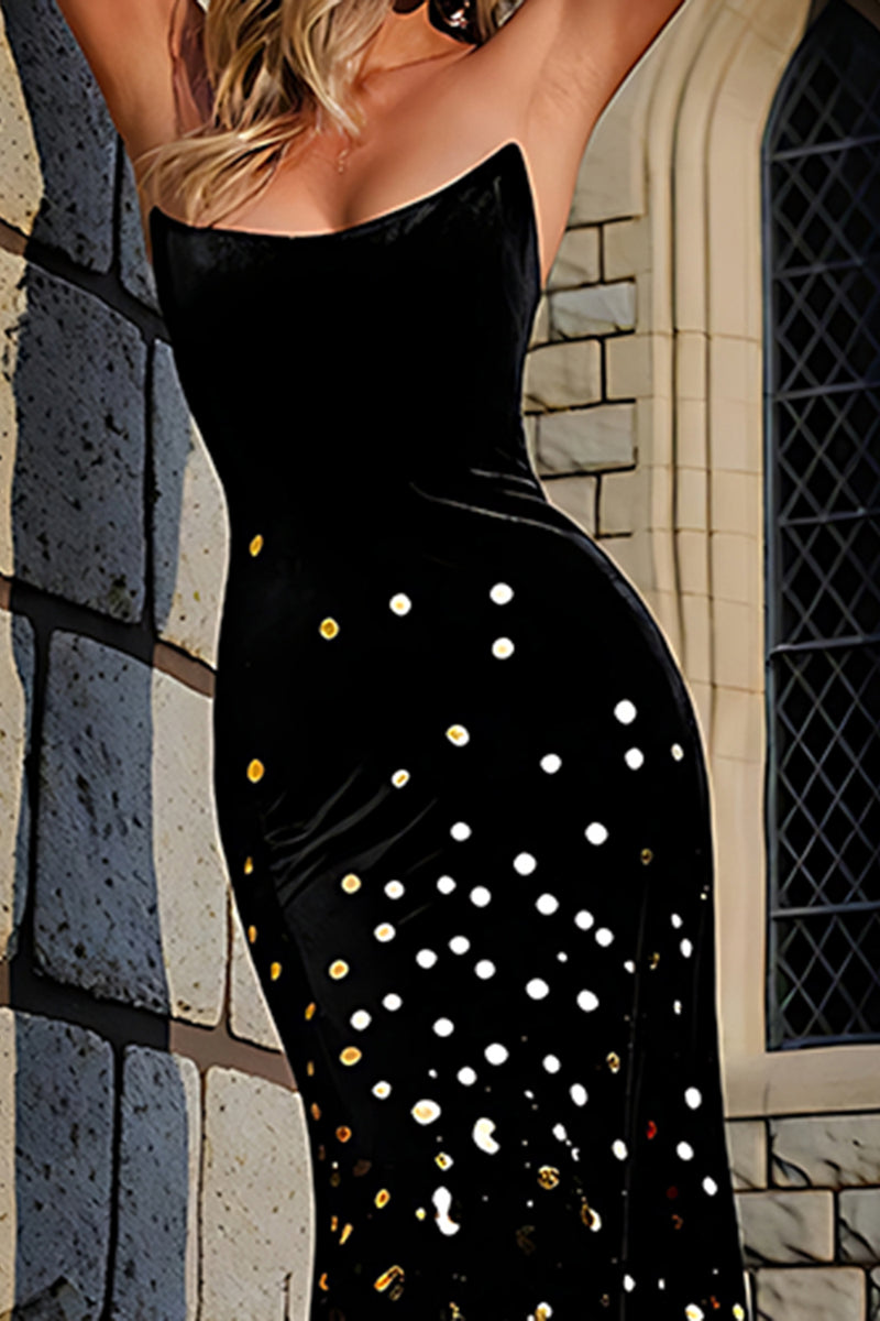 Load image into Gallery viewer, Black Golden Strapless Sequin Long Prom Dress
