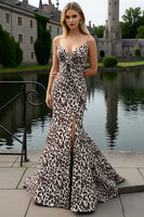 Load image into Gallery viewer, Coffee Leopard Mermaid Spaghetti Straps Prom Dress