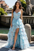 Load image into Gallery viewer, Blue Pink Floral Ruched Tiered Prom Dress with Ruffles