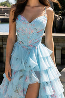 Load image into Gallery viewer, Blue Pink Floral Ruched Tiered Prom Dress with Ruffles