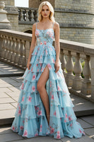 Load image into Gallery viewer, Spaghetti Straps Blue Pink Floral Tiered Ruffled Prom Dress