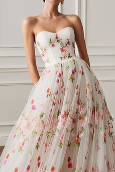 White Floral Strapless A Line Long Prom Dress