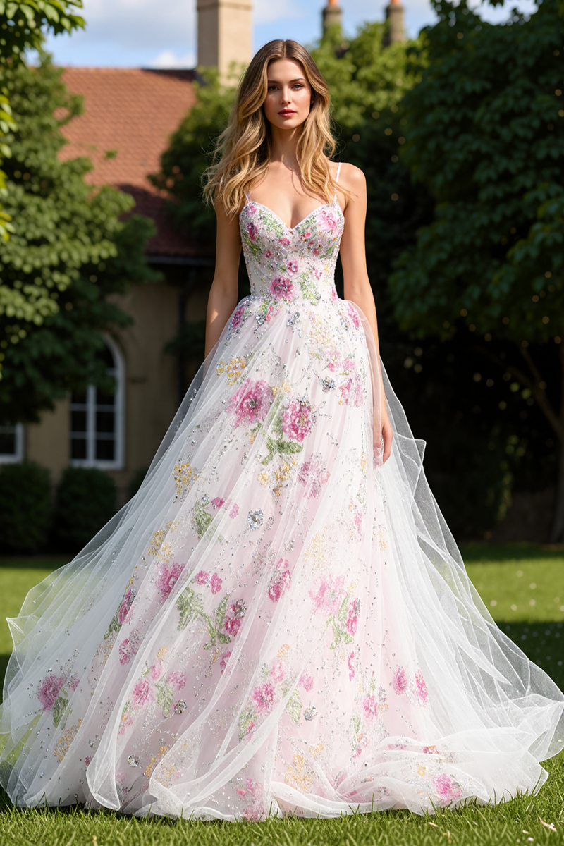 Load image into Gallery viewer, Spaghetti Straps White Floral Princess Long Prom Dress