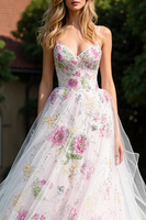 Load image into Gallery viewer, Spaghetti Straps White Floral Princess Long Prom Dress