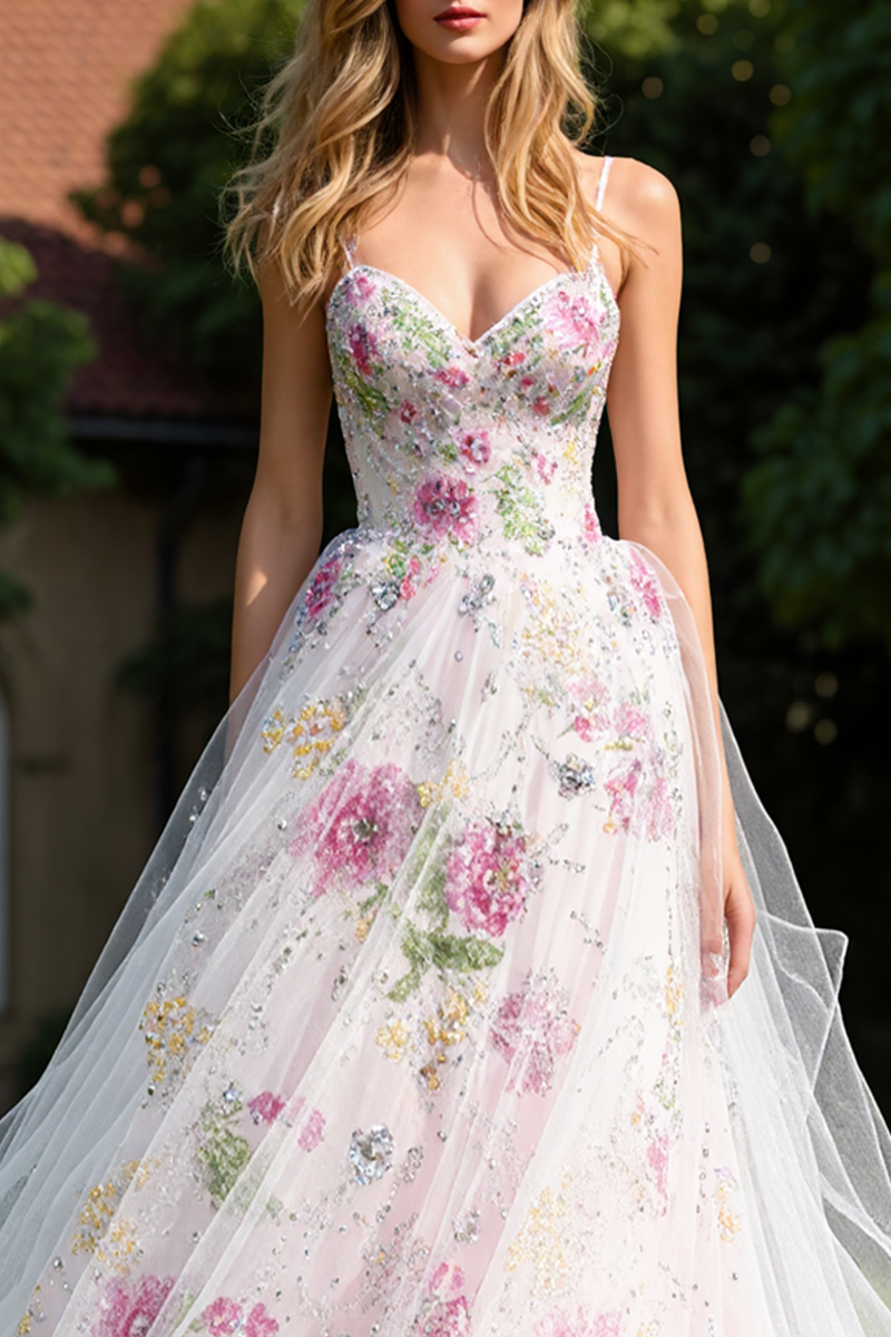Load image into Gallery viewer, Spaghetti Straps White Floral Princess Long Prom Dress