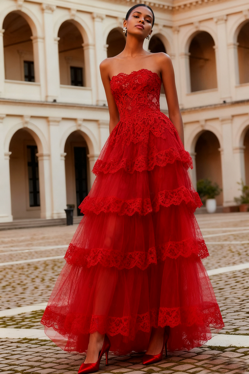 Load image into Gallery viewer, Tiered Red Lace Strapless Long Prom Dress
