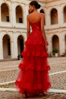 Tiered Red Lace Strapless Long Prom Dress