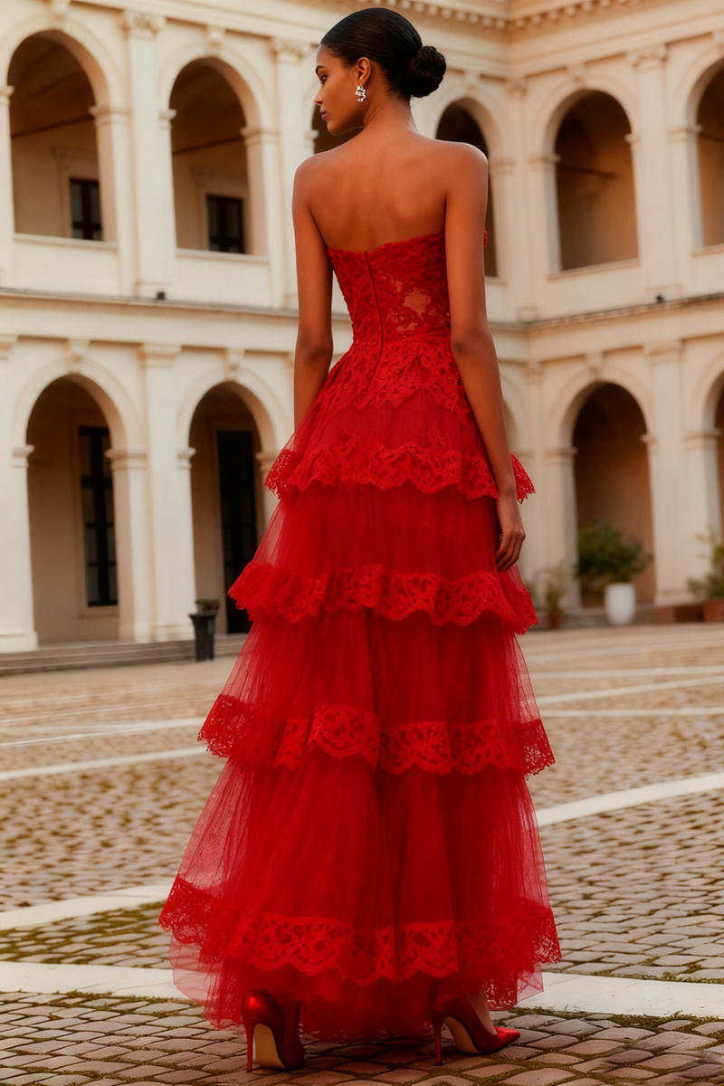 Load image into Gallery viewer, Tiered Red Lace Strapless Long Prom Dress