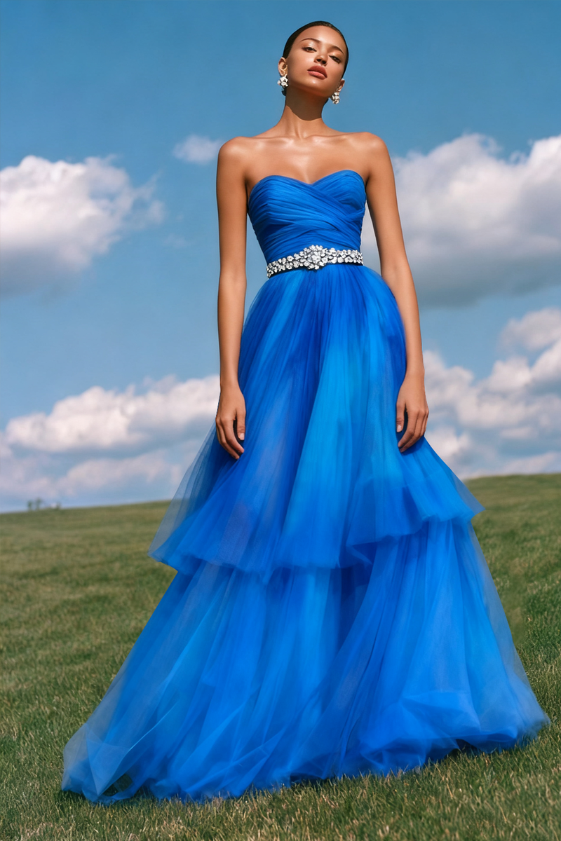 Load image into Gallery viewer, Royal Blue Ruched Strapless A Line Prom Dress With Rhinestones