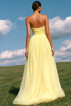 Light Yellow Ruched Strapless A Line Prom Dress