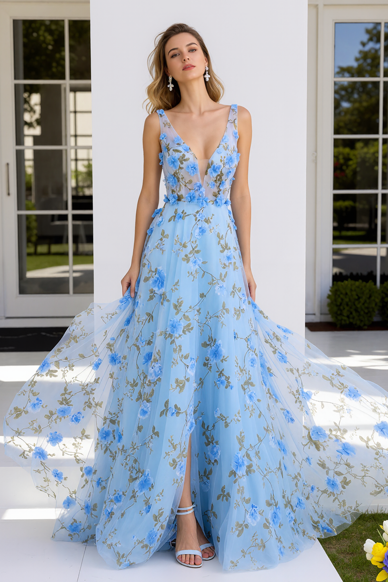 Load image into Gallery viewer, Light Blue A Line V Neck Prom Dress with Appliques