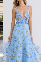 Load image into Gallery viewer, Light Blue A Line V Neck Prom Dress with Appliques