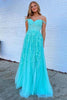 Load image into Gallery viewer, Navy A-Line Spaghetti Straps Tulle Prom Dress with Appliques
