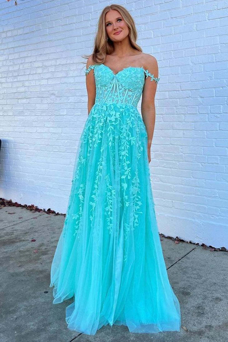 Load image into Gallery viewer, Navy A-Line Spaghetti Straps Tulle Prom Dress with Appliques