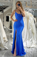 Load image into Gallery viewer, Mermaid Spaghetti Straps Royal Blue Long Prom Dress With Slit