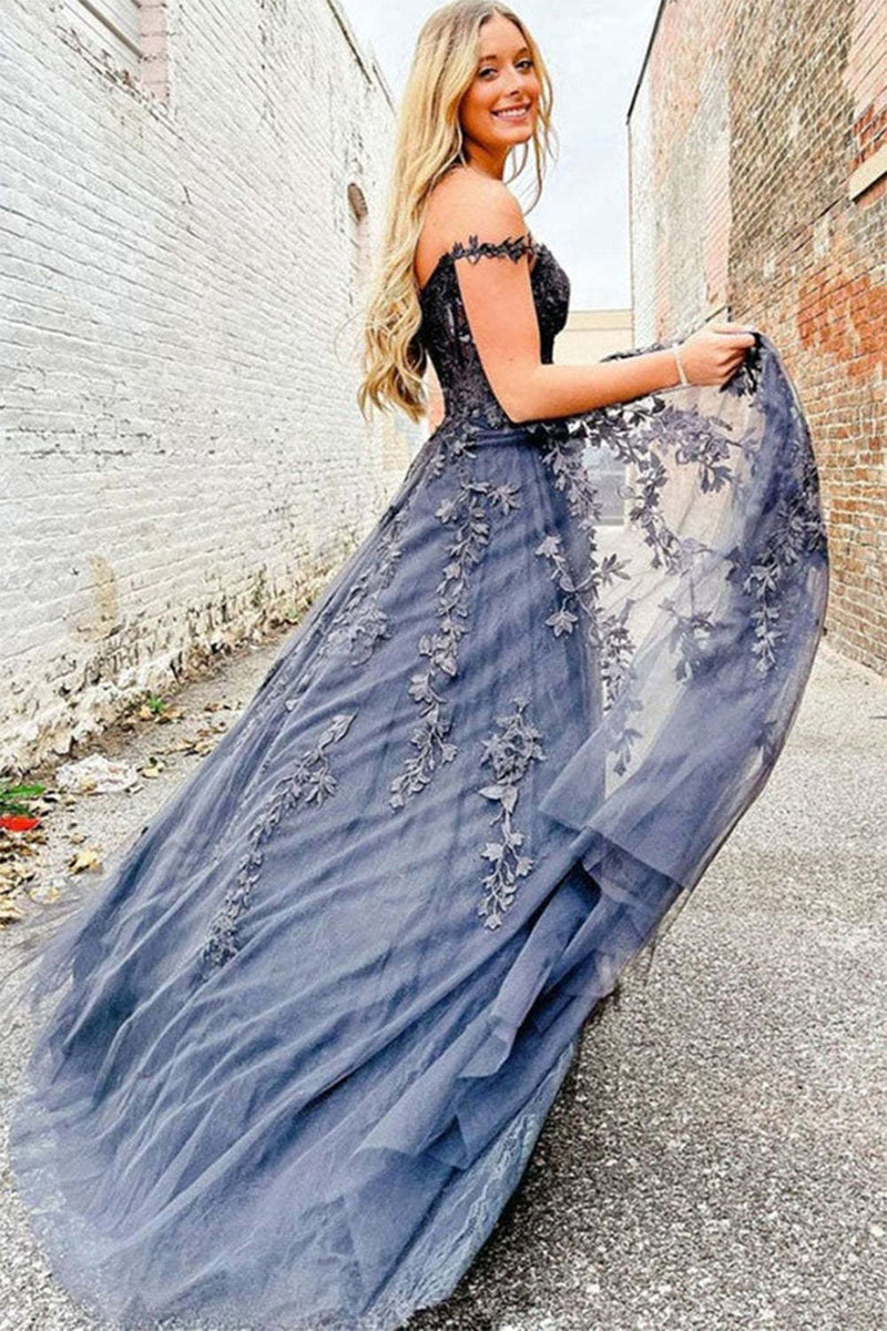 Load image into Gallery viewer, Lilac A-Line Spaghetti Straps Tulle Prom Dress with Appliques
