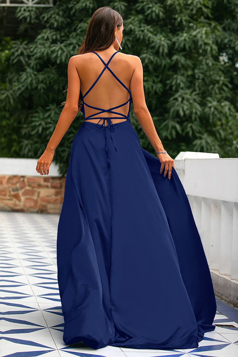 Load image into Gallery viewer, Dark Green Backless Satin Prom Dress with Slit