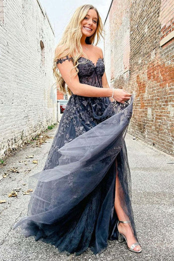Lilac A-Line Spaghetti Straps Tulle Prom Dress with Appliques