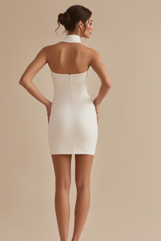 Halter Neck A Line Satin Knee Length Little White Dress