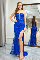 Load image into Gallery viewer, Royal Blue Mermaid Spaghetti Straps Sequin Long Prom Dress with Slit