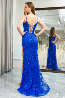 Royal Blue Mermaid Spaghetti Straps Sequin Long Prom Dress with Slit