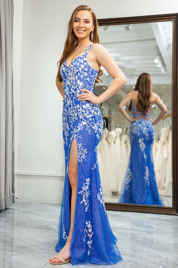 Blue Mermaid Spaghetti Straps Long Prom Dress with Appliques