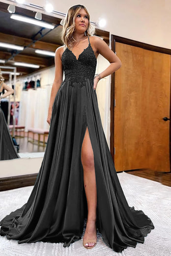 A Line Green Satin Beaded Prom Dress with Slit