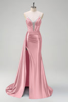 Load image into Gallery viewer, Navy Mermaid V Neck Corset Beaded Prom Dress with Slit