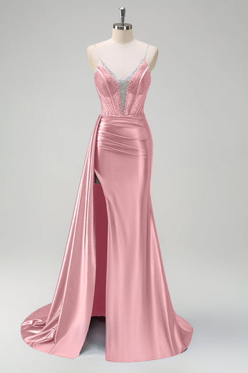 Navy Mermaid V Neck Corset Beaded Prom Dress with Slit