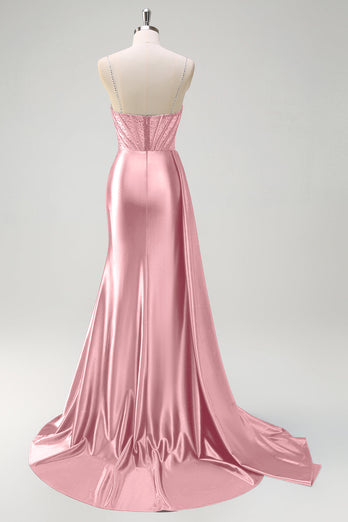 Navy Mermaid V Neck Corset Beaded Prom Dress with Slit