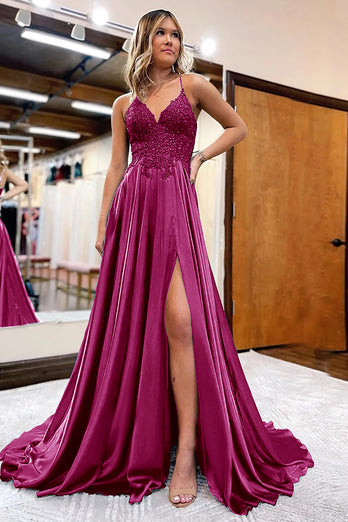 A Line Green Satin Beaded Prom Dress with Slit