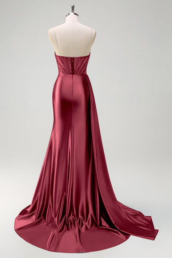 Navy Mermaid V Neck Corset Beaded Prom Dress with Slit