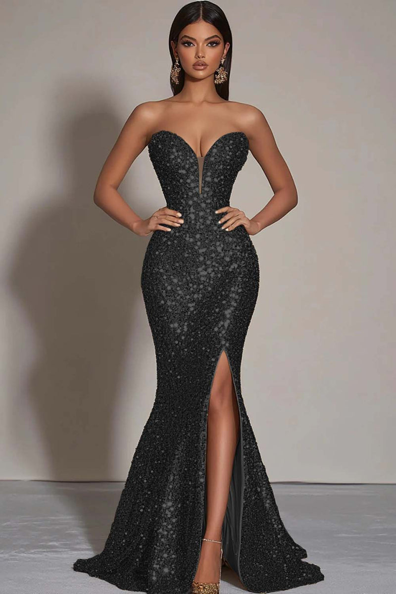 Load image into Gallery viewer, Sparkly Gold Sequins Strapless Mermaid Formal Dress with Slit