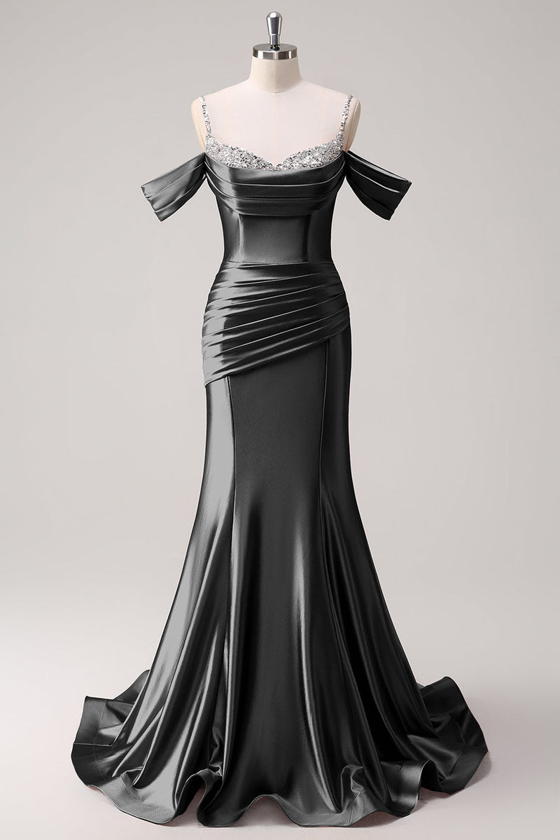 Load image into Gallery viewer, Golden Mermaid Cold Shoulder Sequined Ruched Long Prom Dress