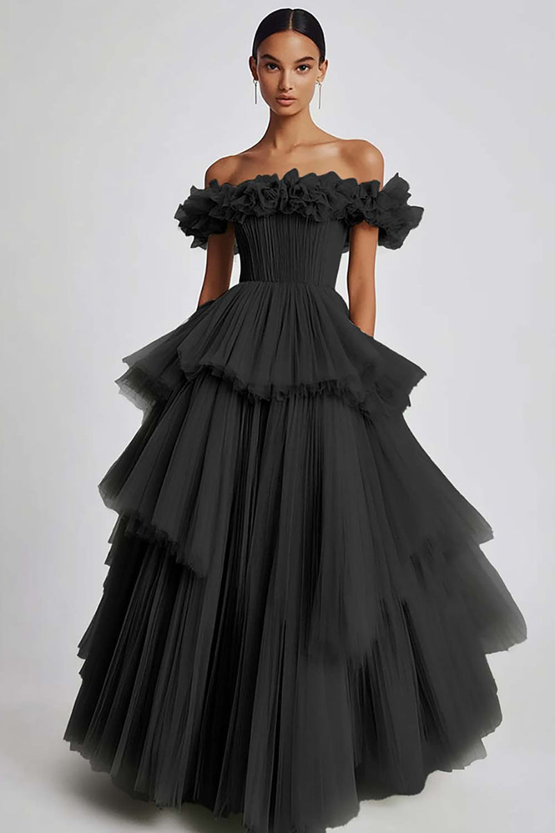 Load image into Gallery viewer, Dusty Sage Off The Shoulder A Line Ruffles Prom Dress