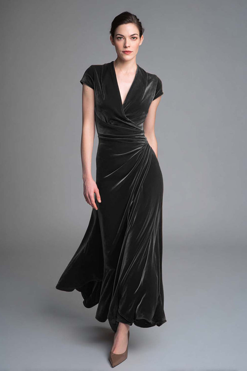 Load image into Gallery viewer, Velvet Caramel Ruched V Neck Long Formal Dress