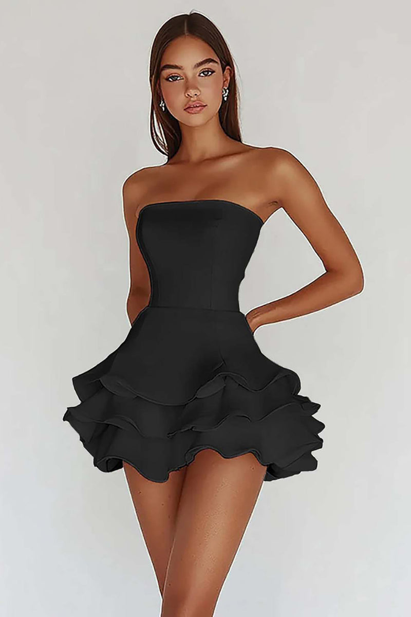 Load image into Gallery viewer, White Strapless A Line Tiered Matte Satin Graduation Dress