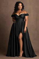 Load image into Gallery viewer, Plus Size Navy Off The Shoulder Satin Long Formal Dress with Slit