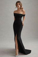 Load image into Gallery viewer, Matte Satin Sheath Off the Shoulder Black Tie Dress