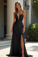 Load image into Gallery viewer, Sheath Champagne Stretch Satin Spaghetti Straps Long Prom Dress
