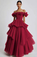 Load image into Gallery viewer, Dusty Sage Off The Shoulder A Line Ruffles Prom Dress