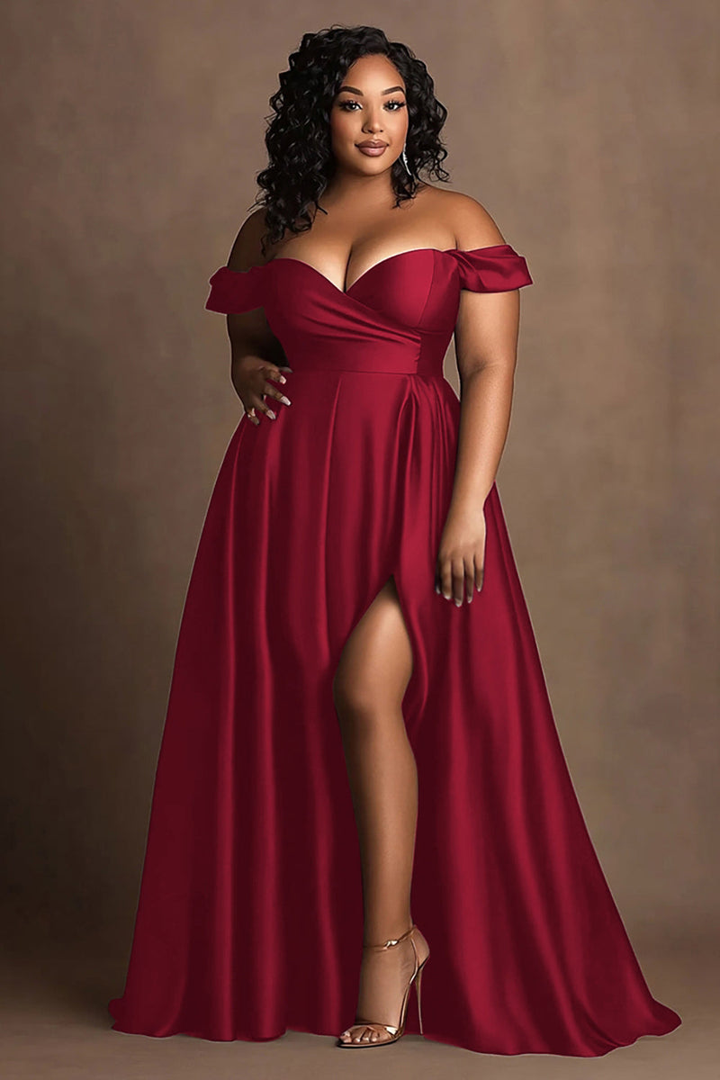Load image into Gallery viewer, Plus Size Navy Off The Shoulder Satin Long Formal Dress with Slit