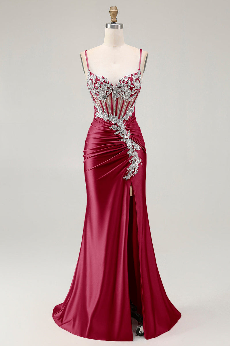 Load image into Gallery viewer, Grey Pink Spaghetti Straps Mermaid Long Prom Dress with Beading