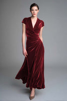 Load image into Gallery viewer, Velvet Caramel Ruched V Neck Long Formal Dress