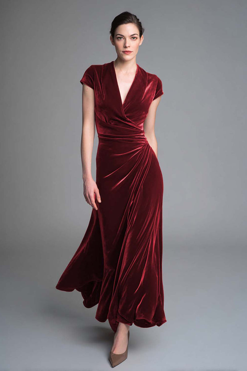 Load image into Gallery viewer, Velvet Caramel Ruched V Neck Long Formal Dress