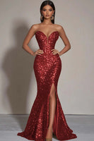 Load image into Gallery viewer, Sparkly Gold Sequins Strapless Mermaid Formal Dress with Slit
