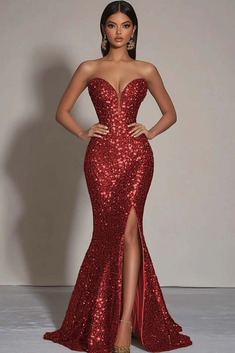 Load image into Gallery viewer, Sparkly Gold Sequins Strapless Mermaid Formal Dress with Slit