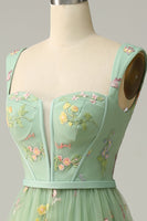 Load image into Gallery viewer, Green Tulle A Line Prom Dress with Embroidered